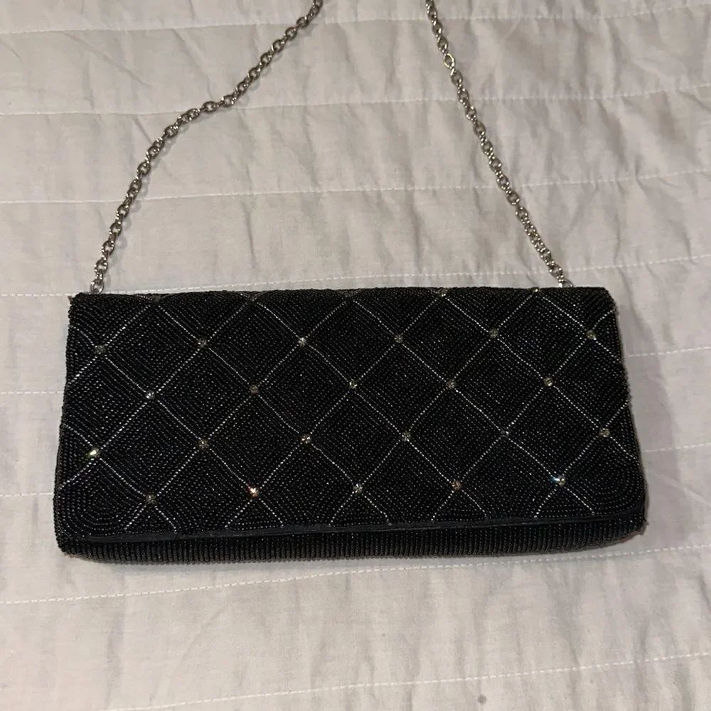 franchi Vintage Black Pearly Blue Silver Tone Chain Beaded Evening Bag Clutch